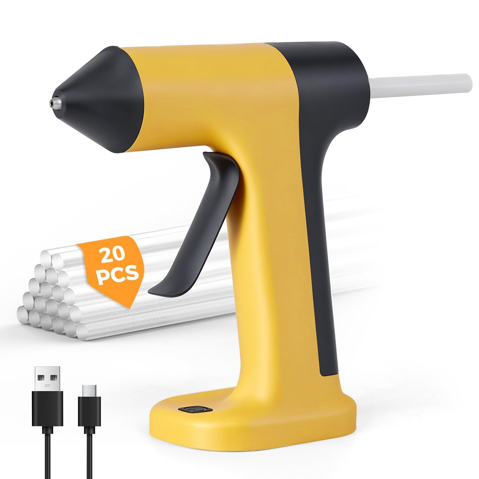 Heißklebepistole Akku 2000mAh, Heißklebepistole Kabellos mit 20 Klebesticks 7 mm x 130 mm, 60 Min. Laufzeit, Klebepistole Akku für Schule, Heimwerken, und Reparaturen im Haushalt
