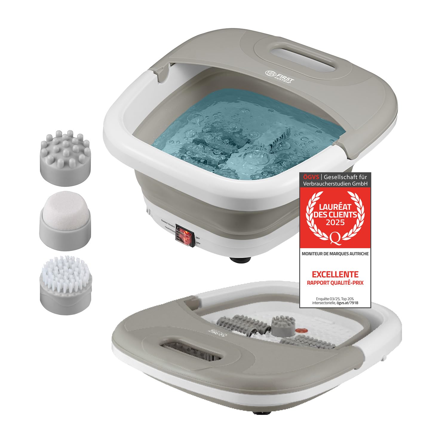 TZS First Austria - Bain de Pieds 500W - Appareil de massage des pieds avec 3 accessoires & 8 rouleaux - Massage par vibrations & bulles, infrarouge & fonction chauffante - Pliable jusqu'au 47 - Gris