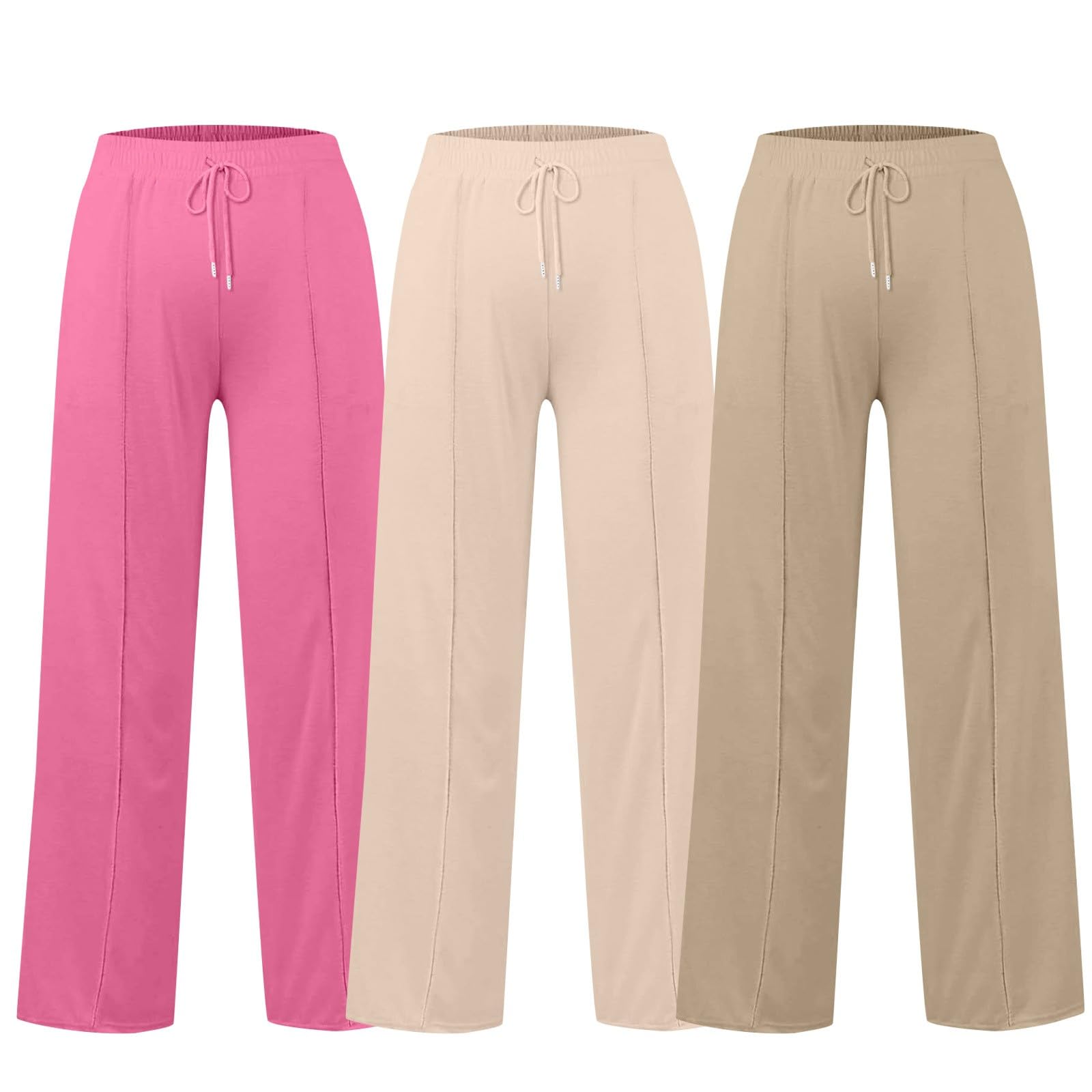 Paquete de 3 pantalones de pierna ancha para mujer, cintura elástica, pierna recta, pantalones deportivos de cintura alta, holgados, pantalones palazzo, pantalones de pista, color sólido, pantalones