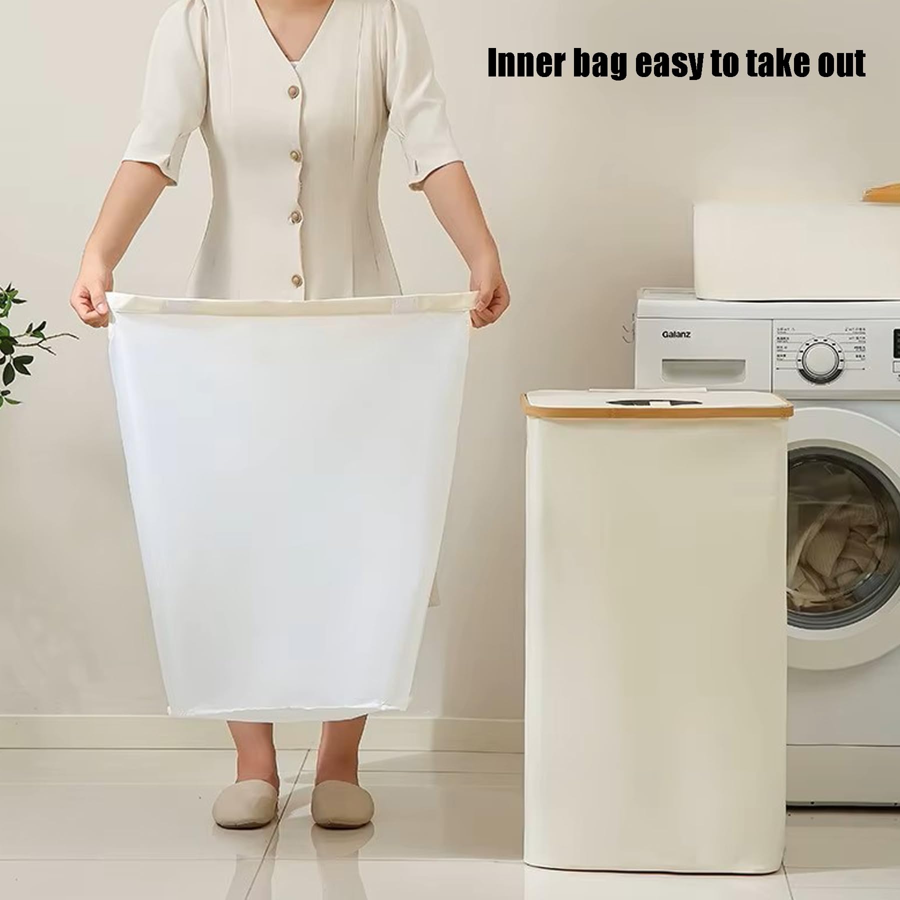 Cesto per vestiti sporchi con coperchio in bambù, 70 cm, in tessuto Oxford, con manico, borsa rimovibile, cestino pieghevole per la biancheria da letto, bagno, dormitorio, armadio, camper (Whie, Slim)