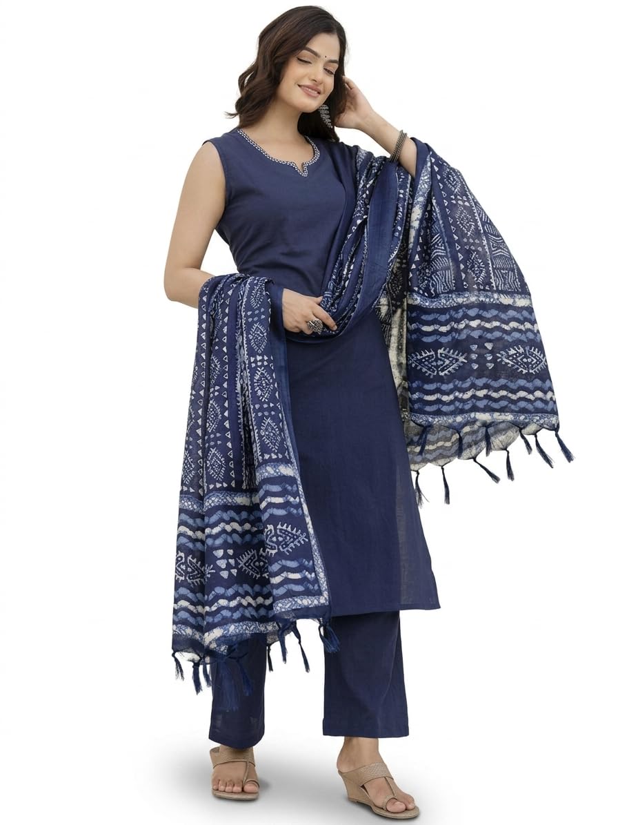 Women's Pure Cotton Straight Kurti with Pant and Dupatta Set, Embroidery Neckline, Brown and blue Ethnic Wear-image-25