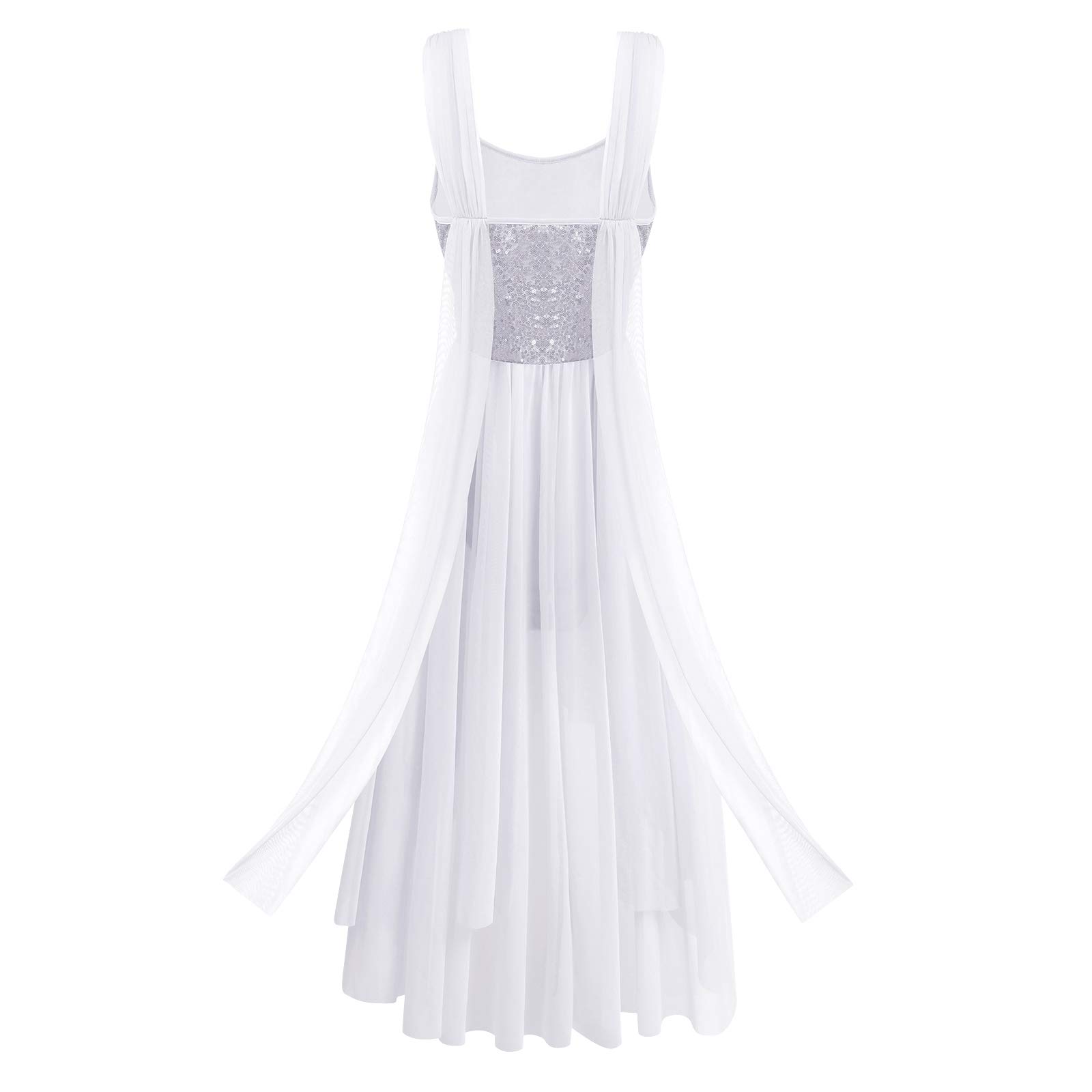 OBEEII Femmes Élégante Robe de Danse Lyrique sans Manches Fronde Paillettes Justaucorps Jupe Performance Costume Ballet Fluide Longue Robe en Mousseline de Soie