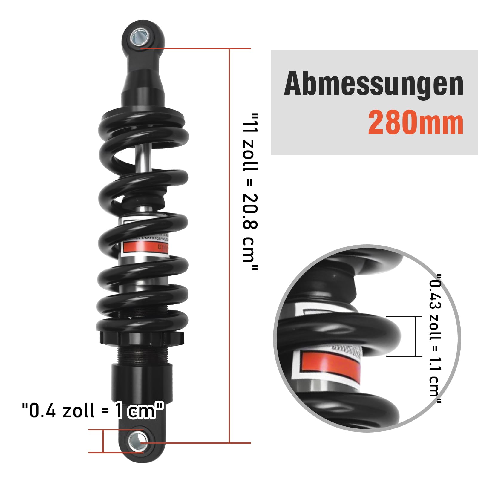 280 mm Universal Federstoßdämpfer, Motorrad Stoßdämpfer Hinten für ATVs, Go-Karts, Roller, Verschiedene andere Fahrzeugtypen, Verbessert den Fahrkomfort und die Leistung