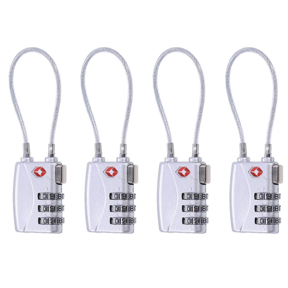 4 X Cavo lucchetto con lucchetto a combinazione a 3 cifre giallo for bagagli Valigia Borsa da viaggio Zaino Codice di sicurezza Resettabile / 98 (Color : Silver)