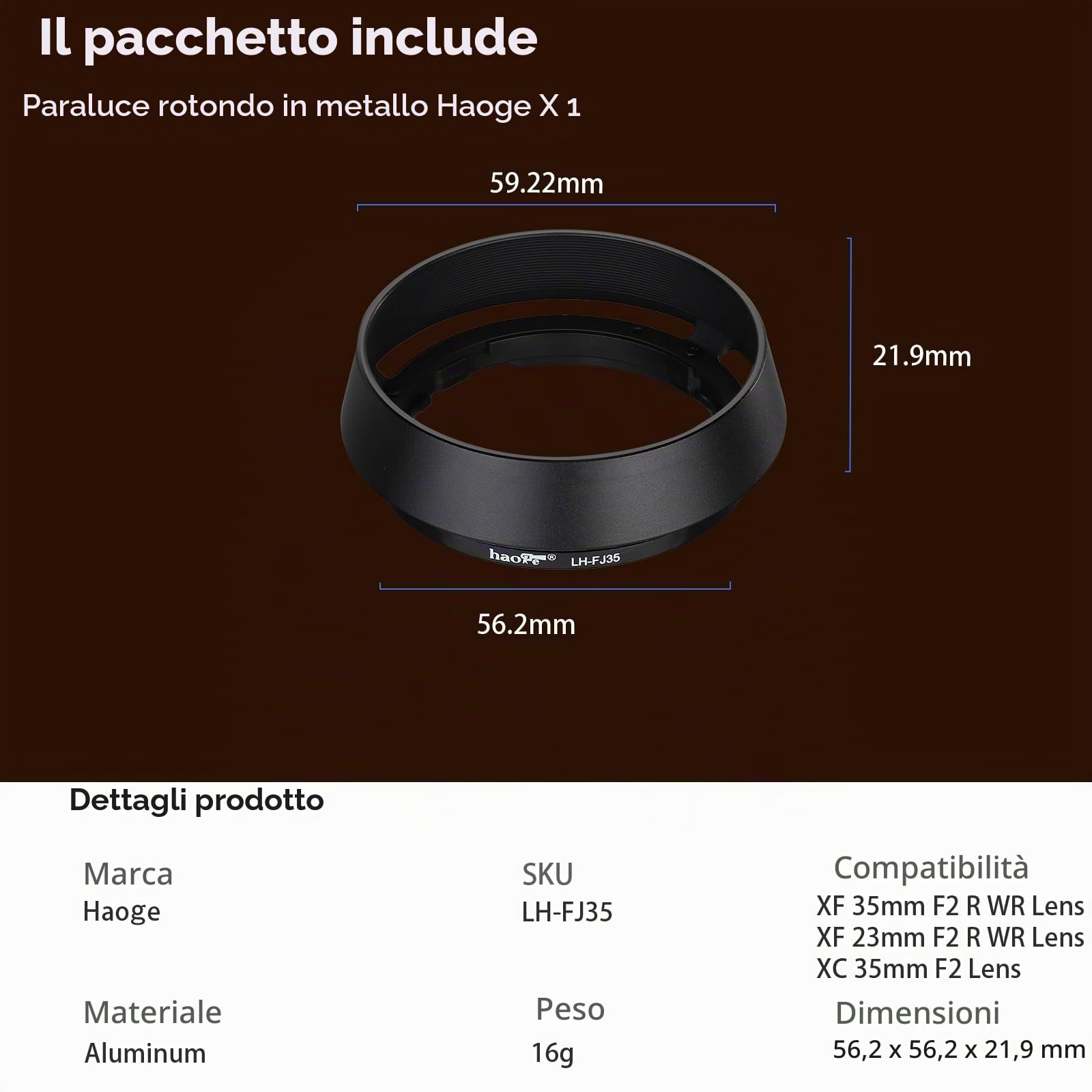 Haoge LH-FJ35 - Paraluce rotondo in metallo a baionetta per Fujifilm Fuji Fujinon XF 35 mm f/2 R WR XF35mmF2, XF 23 mm f2 R WR XF23mmF2 e XC 35 mm F2 XC35mmF2 LH-XF35-2