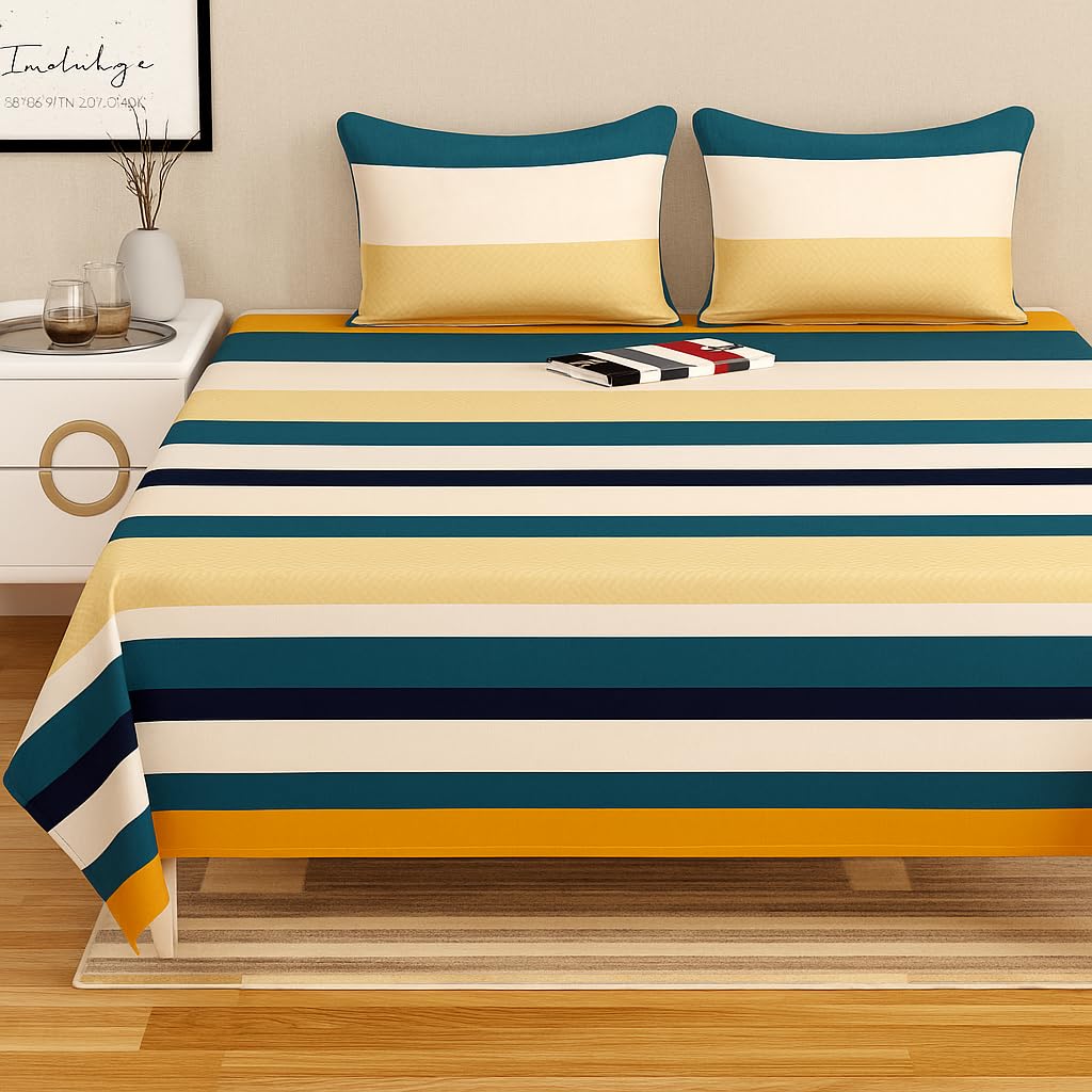 BSB HOME 100% Cotton Feel Bedsheets 200 to 220 tc for Double Bed King Size (90x100 Inch) with 2 Large Size Pillow Covers | Soft & Breathable | Wrinkle-Free | Premium Printed Design - Green Mustarded-picture-23