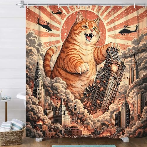 Image of Funny Chubby Orange Cat Monster Shower Curtain, Vintage Japanese Sunset Cityscape Anime Bathroom Decor, Waterproof Fabric Bath Curtain, Fun Animal Shower Curtain for Kid Bathroom, 72x72 Inches