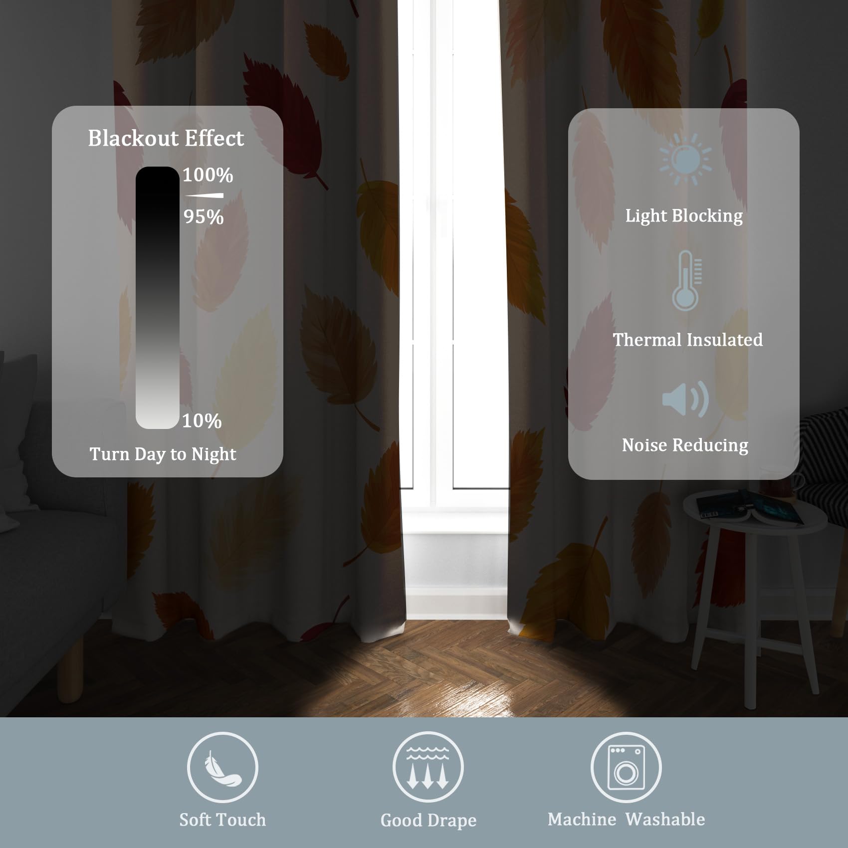 Generisch Herbst Blatt Vorhang Blickdicht 2er Set, H 260 x B 140, 95% Verdunklung, Herbst Blätter Vorhänge für Wohnzimmer Schlafzimmer Deko, Thermo Fenster Gardinen mit Ösen OSF191