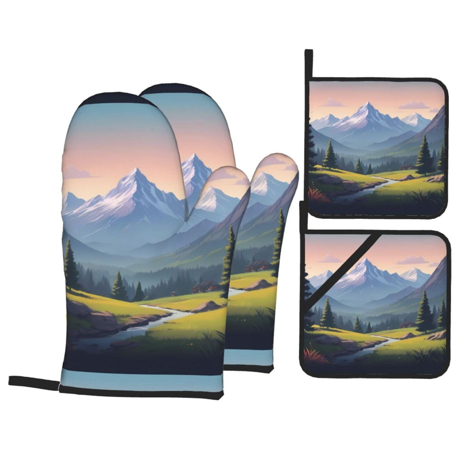 HJFCZH Mountain View Picture Kitchen Baking Set of 4 Thick Insulated Oven Mitt & Pot Holders, Anti-Scalding for Microwave, Oven, Outdoor BBQ