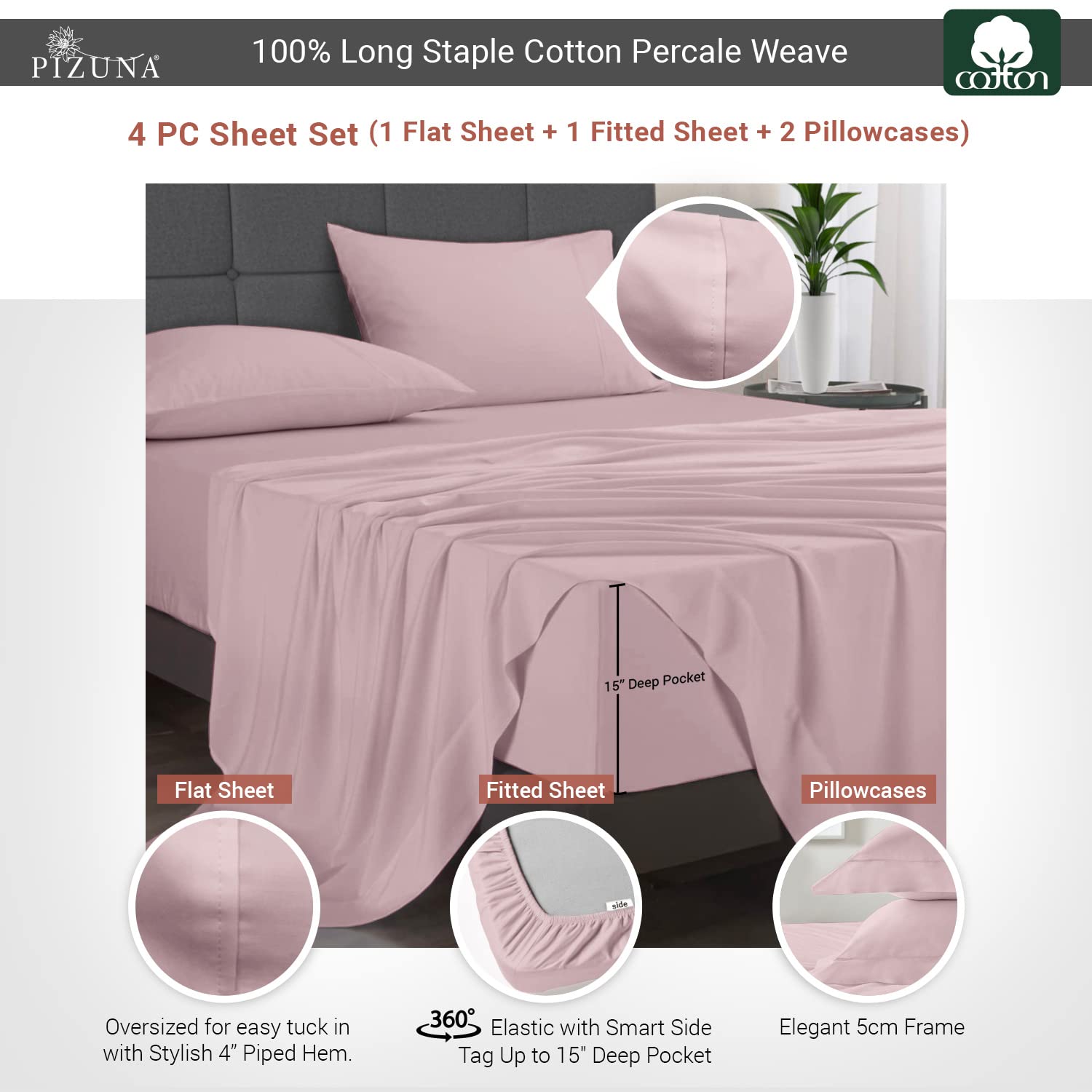 Pizuna Cotton Percale King Size Sheet Set Light Pink, 100% Long Staple Combed Cotton Bedding Set 275x280 cm - Image 3