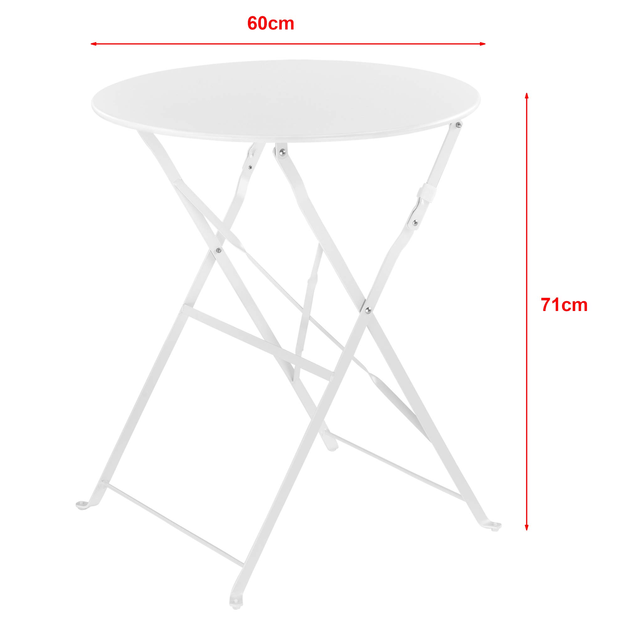 [en.casa] Conjunto Mesa y Sillas Jardín Caprile Juego de Bistró 3 Piezas Mesa de Centro con 2 Sillas Plegables para Terraza Balcón Patio 71 x 60 cm Acero - Blanco