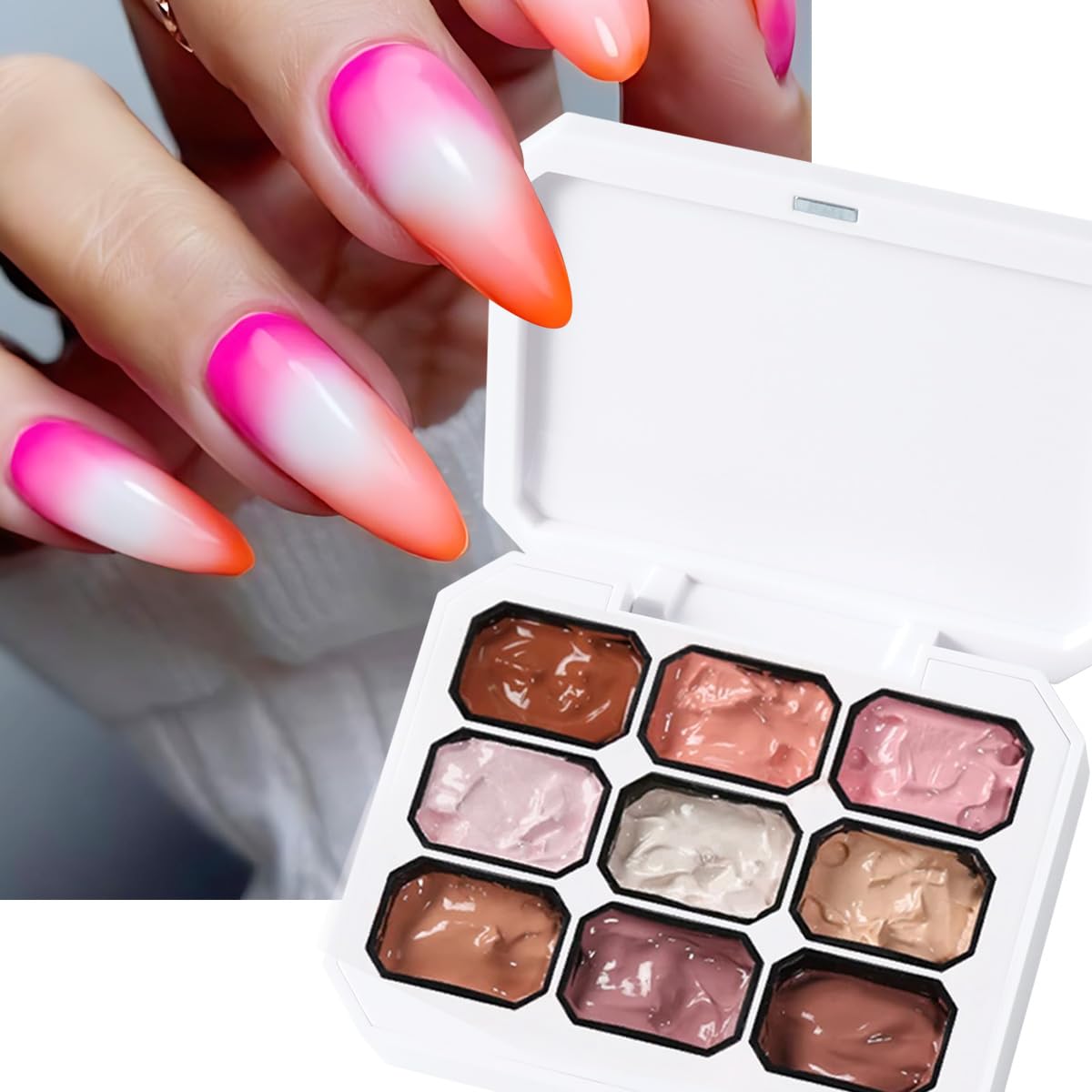 Gradient Painting Gel With Grabbing Pen Sponge Nail Kit, 9 Colors Ombre Gel Nail Polish Earth Color Palette Pink Red Yellow Acrylic Panting UV Nail Gel Soak Off UV Long-Lasting Nail Supplies