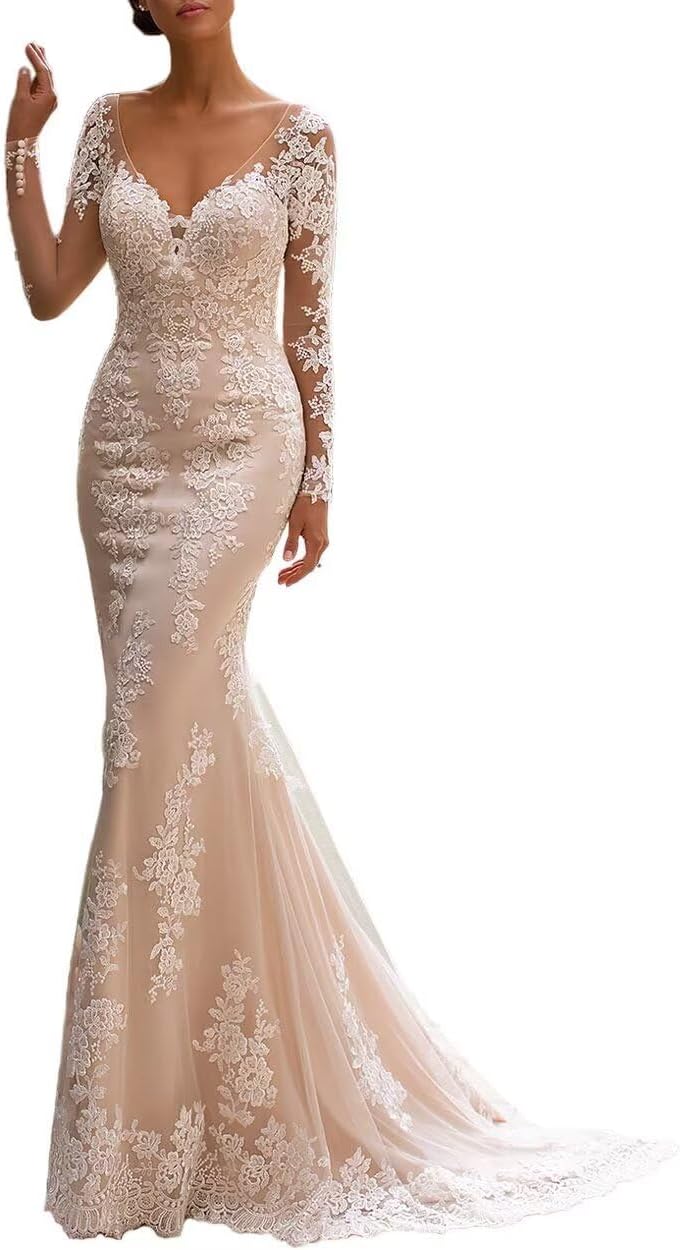 Dexinyuan Romantic Lace Mermaid Wedding Dresses for Bride with Sleeves Tulle V-Neck Bohemian Bridal Gowns for Women 2026