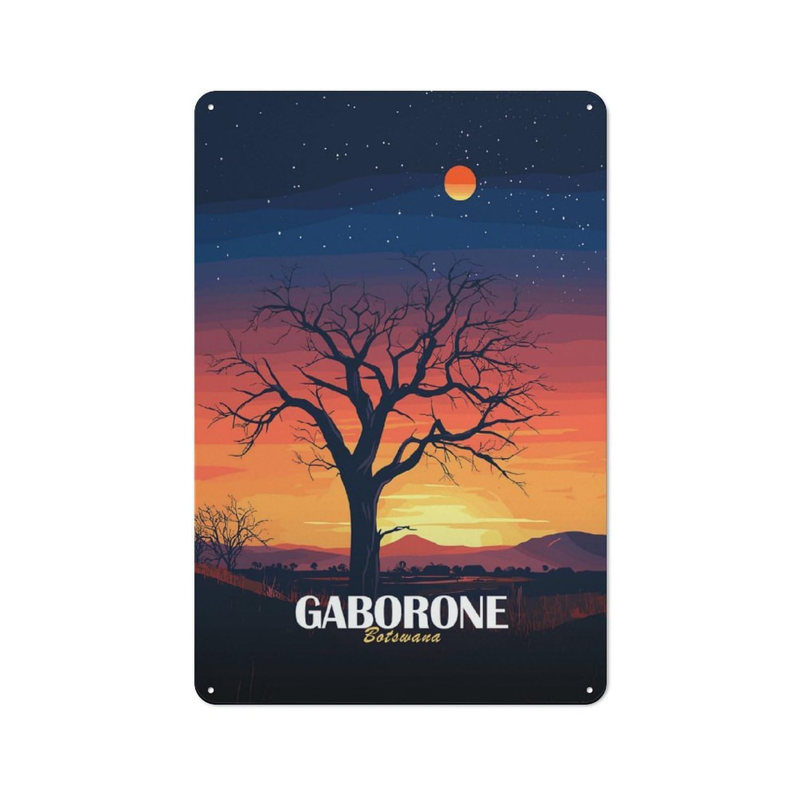 Junmoney Gaborone Botswana Sunset Landscape Art Retro Tin Sign 30X20cm For Garage Or Workshop, For Furnishing A New Garage And Workshop With Retro Decor
