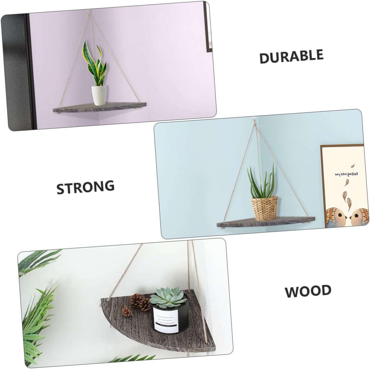 Fan-Shaped Corner Wall Shelf Multi-Layer Rustic Storage Rack Rope Shelves Wall-Mounted Flowerpot Organizer for Home Decor and Plant Display