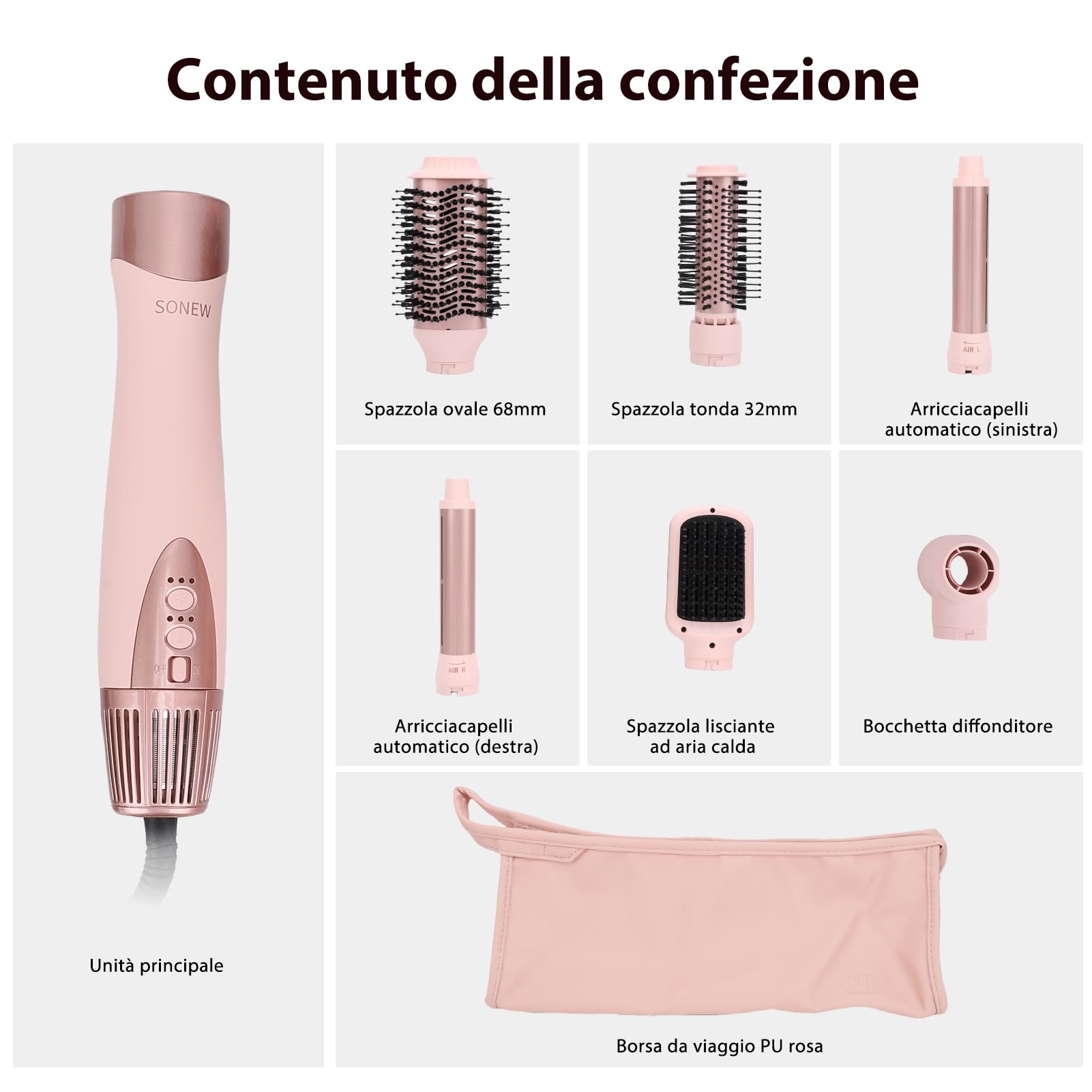 Sonew 6 in 1 Multi Hairstyler, 110.000 giri/min, Styler per Capelli con Ioni e Phon, Arricciacapelli Automatico 32 mm, Spazzola ad Aria Calda 68 mm/32 mm, Spazzola Lisciante