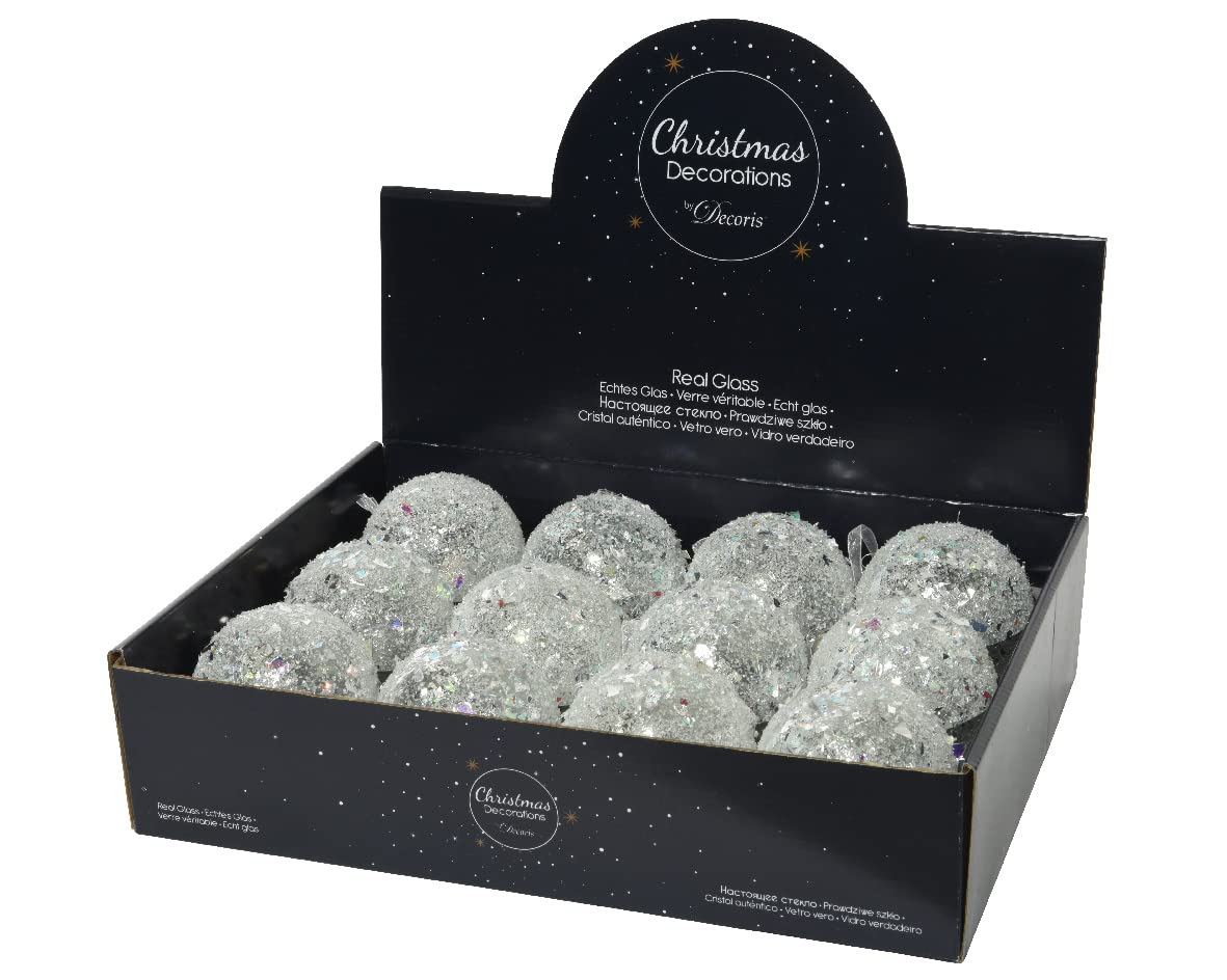 Kaemingk Weihnachtskugeln Glas 8cm x 12 Stück in Glitzer Effekt Christbaumkugeln Klar irisierend