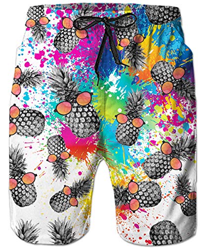 Loveternal Funny 3D Swim Trunks for Men 80s Graffiti Pineapple with Sunglasses Printed Quick Dry Mens Short Swimming Trunks with Breathable Mesh Lining Bathing Suit Youth Swim Trunks S