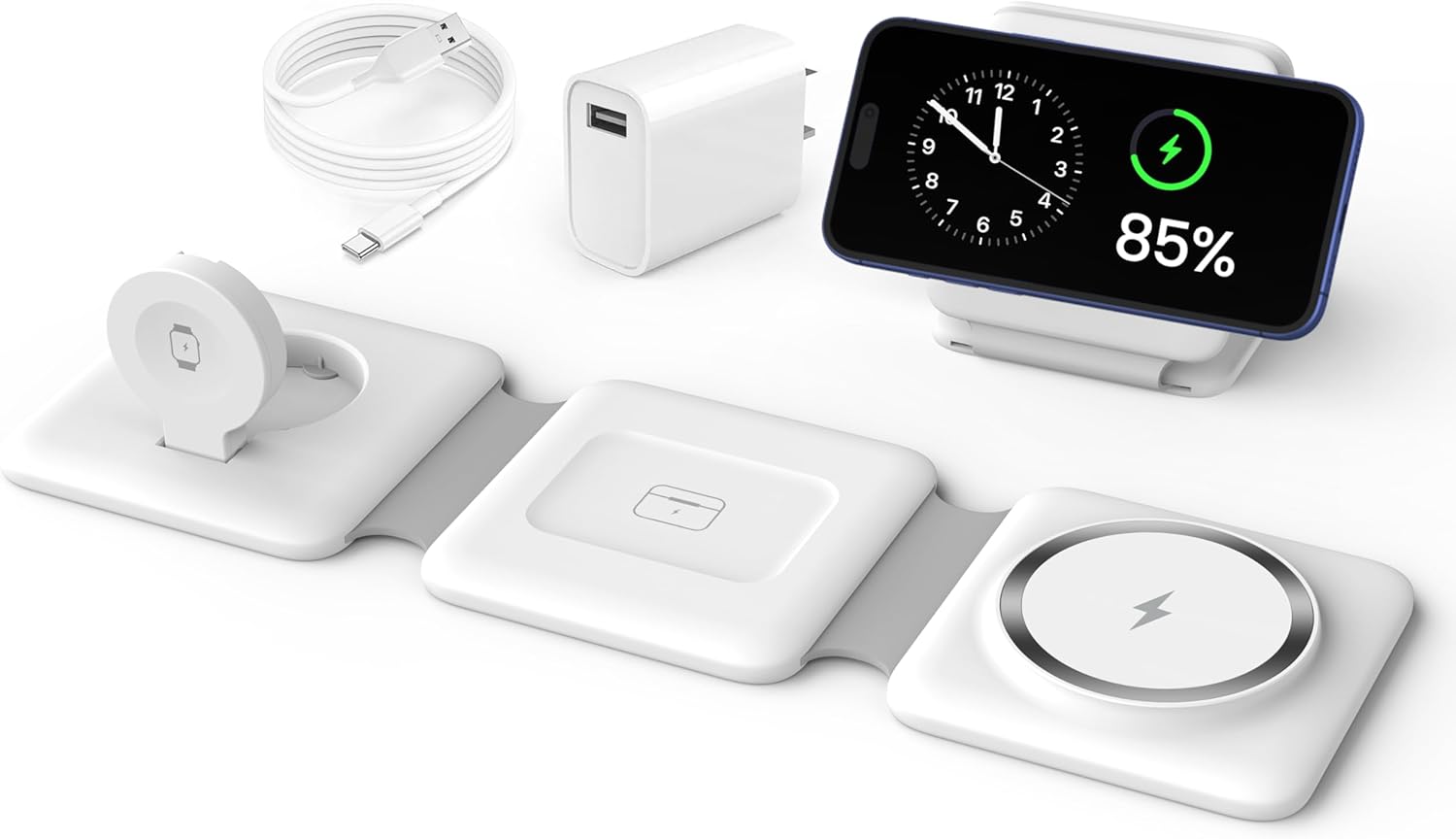 Charging Station for Apple Multiple Devices - 3 in 1 Foldable Magnetic Wireless Charger Dock - Travel Charging Pad for iPhone 16 15 14 13 12 Pro Max Plus Watch & Airpods White