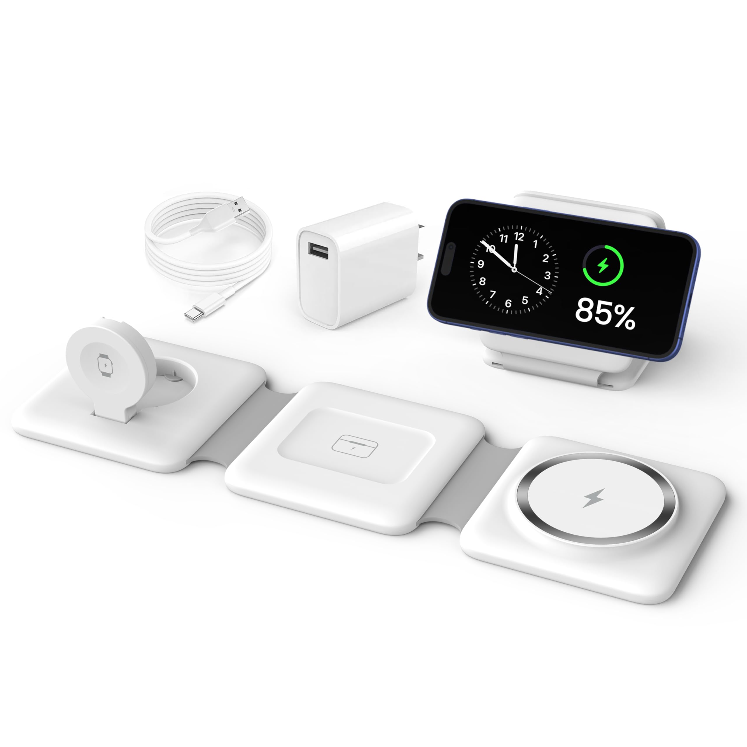 Charging Station for Apple Multiple Devices - 3 in 1 Foldable Magnetic Wireless Charger Dock - Travel Charging Pad for iPhone 16 15 14 13 12 Pro Max Plus Watch & AirpodsGlobal Recycled StandardGlobal Recycled StandardGlobal Recycled Standard