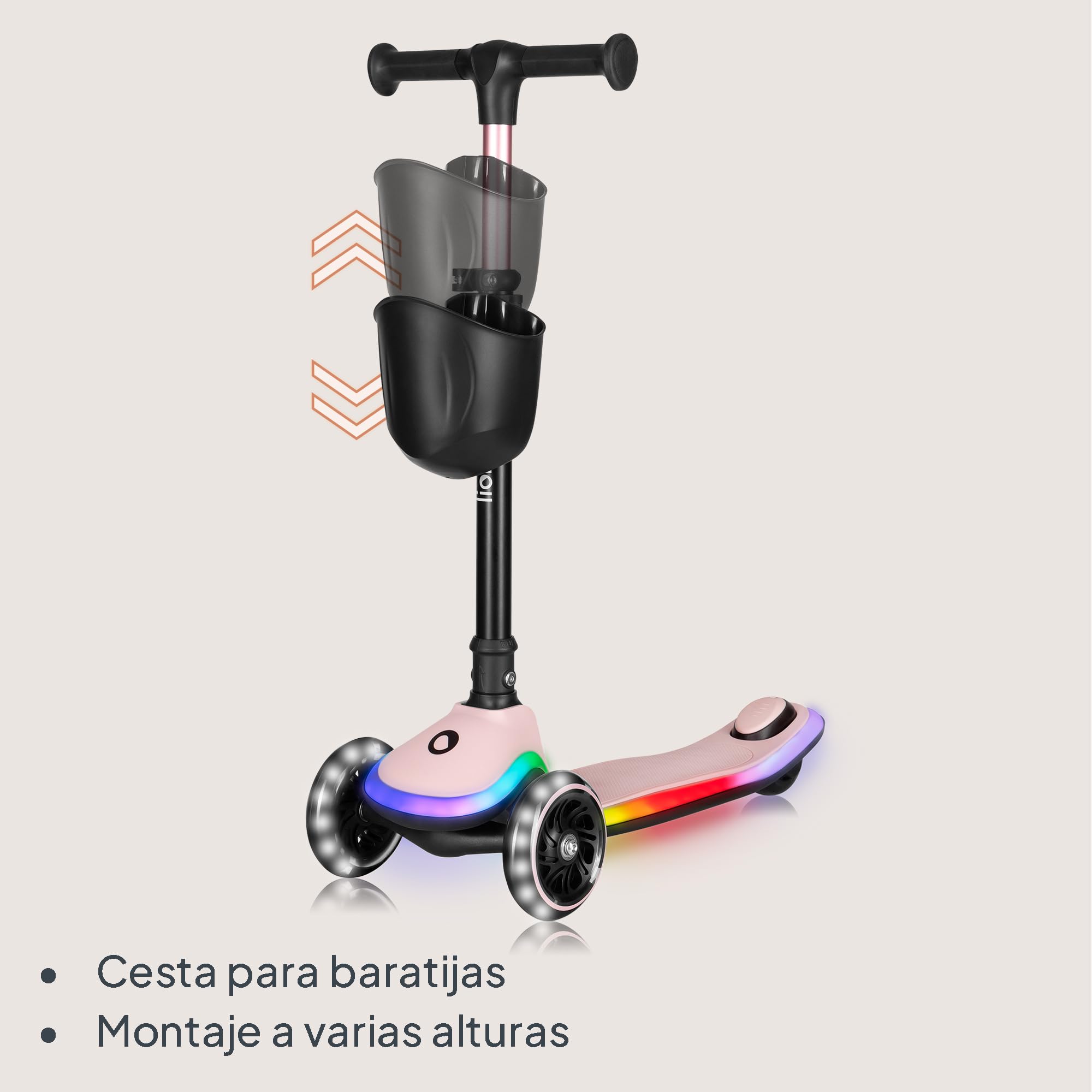 LIONELO MEY Patinete de Equilibrio para Niños Desde 3 años hasta 50 kg, Scooter Infantil Patinete de 3 Ruedas con Ajuste de Altura, Plataforma Antideslizante Iluminada y Ruedas LED, Cesta