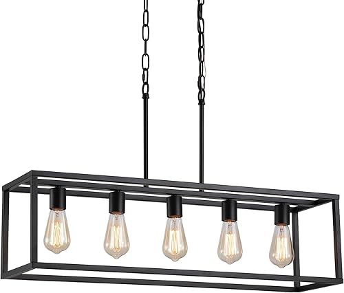 Miniatura 2 de AMZASA Lámpara rectangular negra para isla de cocina, lámpara industrial rectangular moderna para comedor 5 luces lineal vintage jaula luminarias UL