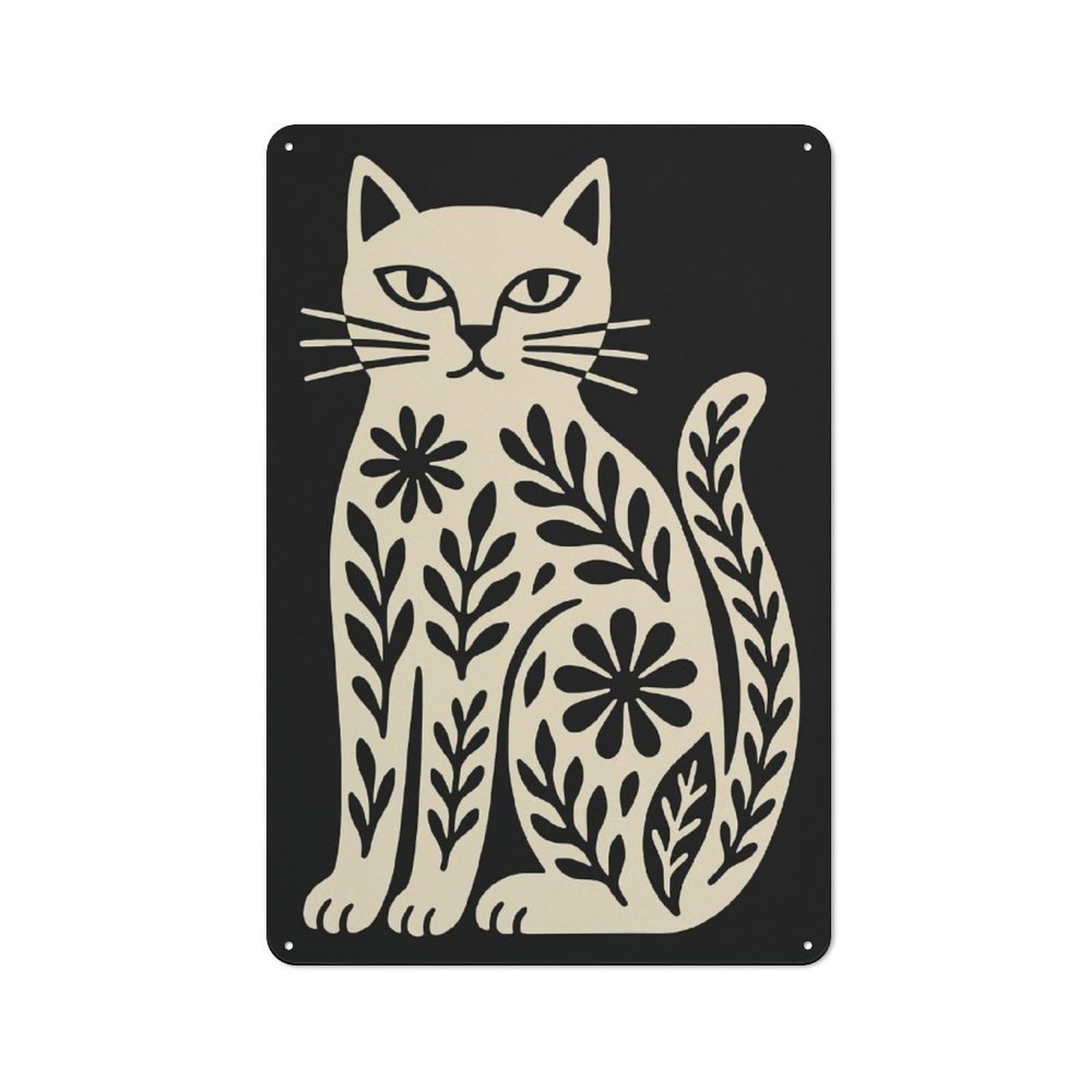 Junmoney Style-20 30X20cm Retro Tin Sign With Floral Cat Illustration For Lounge Or Reading Corner, A Decorative Metal Sign For Lounges And Reading Corners