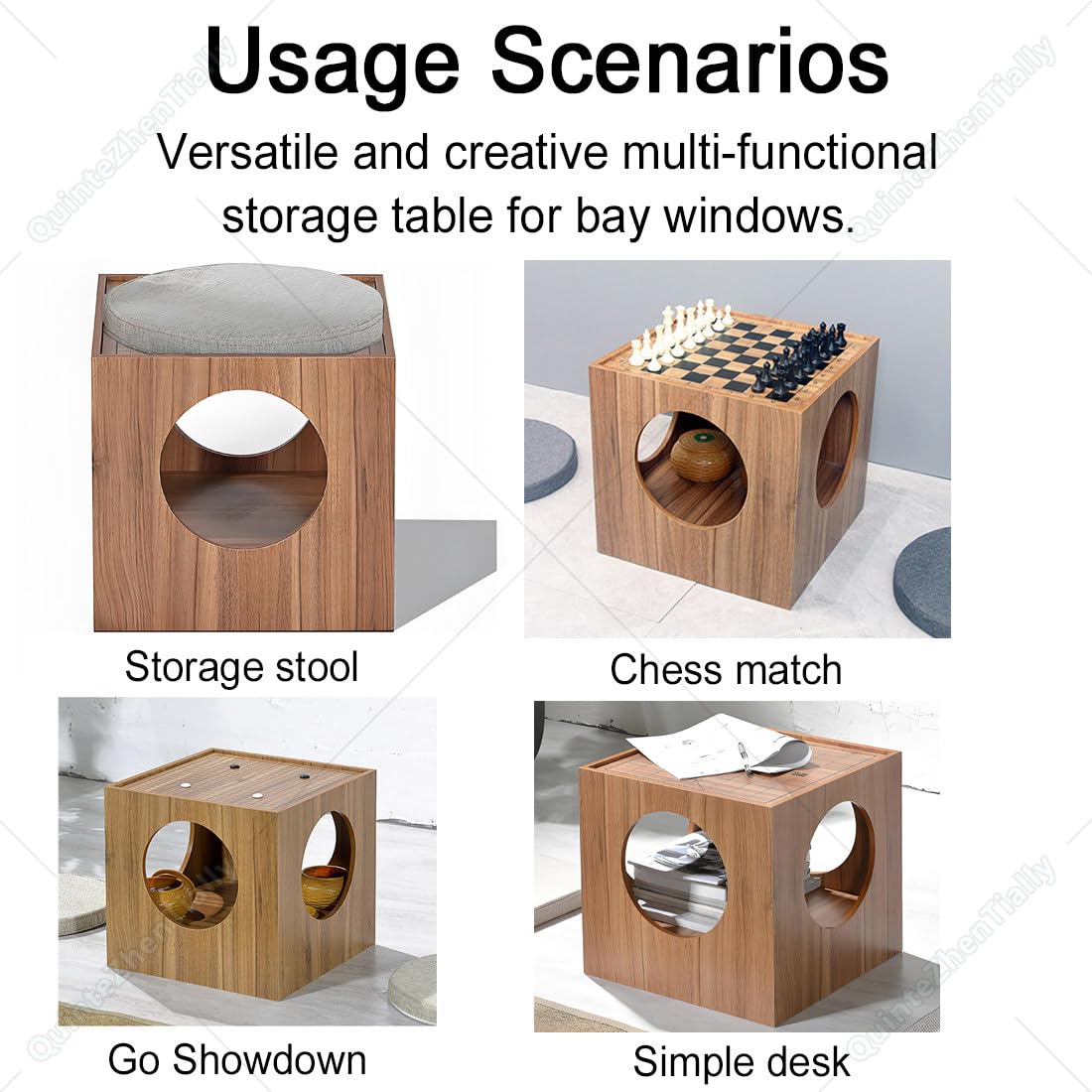 Tavolino Basso caffè,Tavolo Scacchi Go Scacchi,Scacchiera,Scacchiera Bifacciale Set Tavolo Scacchi Go 2 in 1,Diametro Foro Centrale 24cm,per Serate Gioco Famiglia 43x43x41cm