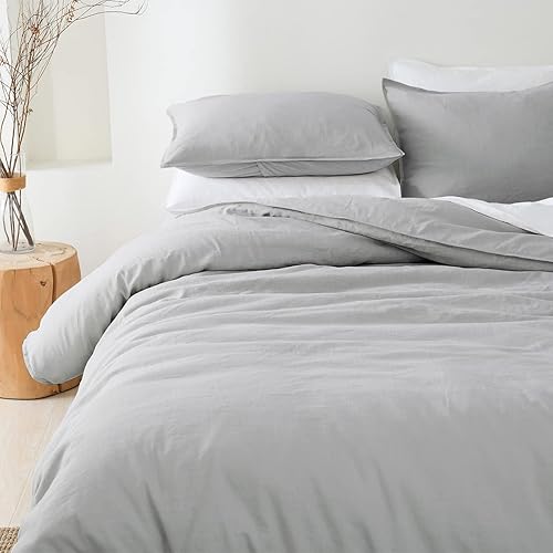 Miniatura 8 de Juego de funda de edredón con textura de lino gris carbón, 55% viscosa de bambú, 45% algodón, prelavado, suave, transpirable, tamaño individual,