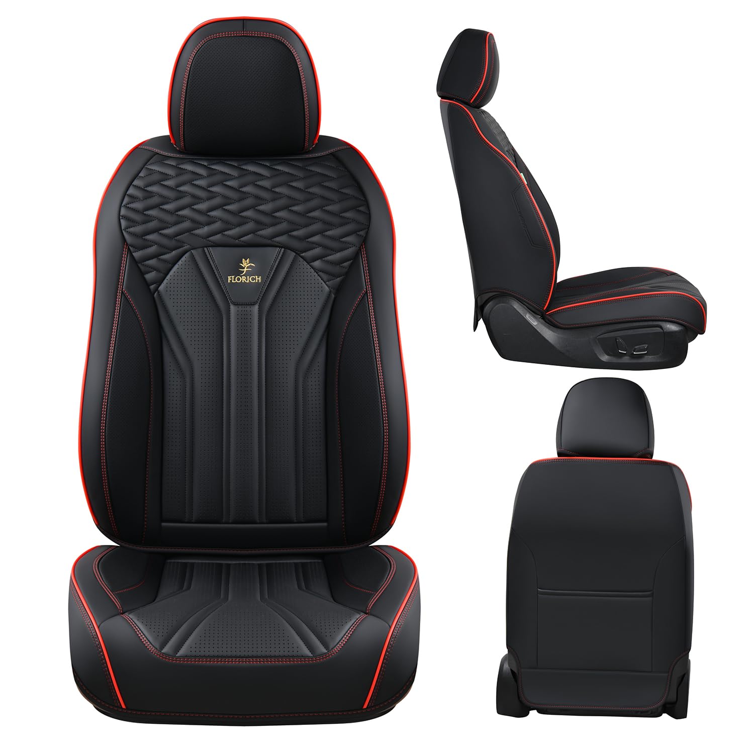 FLORICH Autositzbezüge Kunstleder, Vorder- und Rücksitzbezüge, 5 Stück, komplettes Set, universell passend für die meisten Autos, Limousinen, SUVs und LKWs, Schwarz&Rot Linie