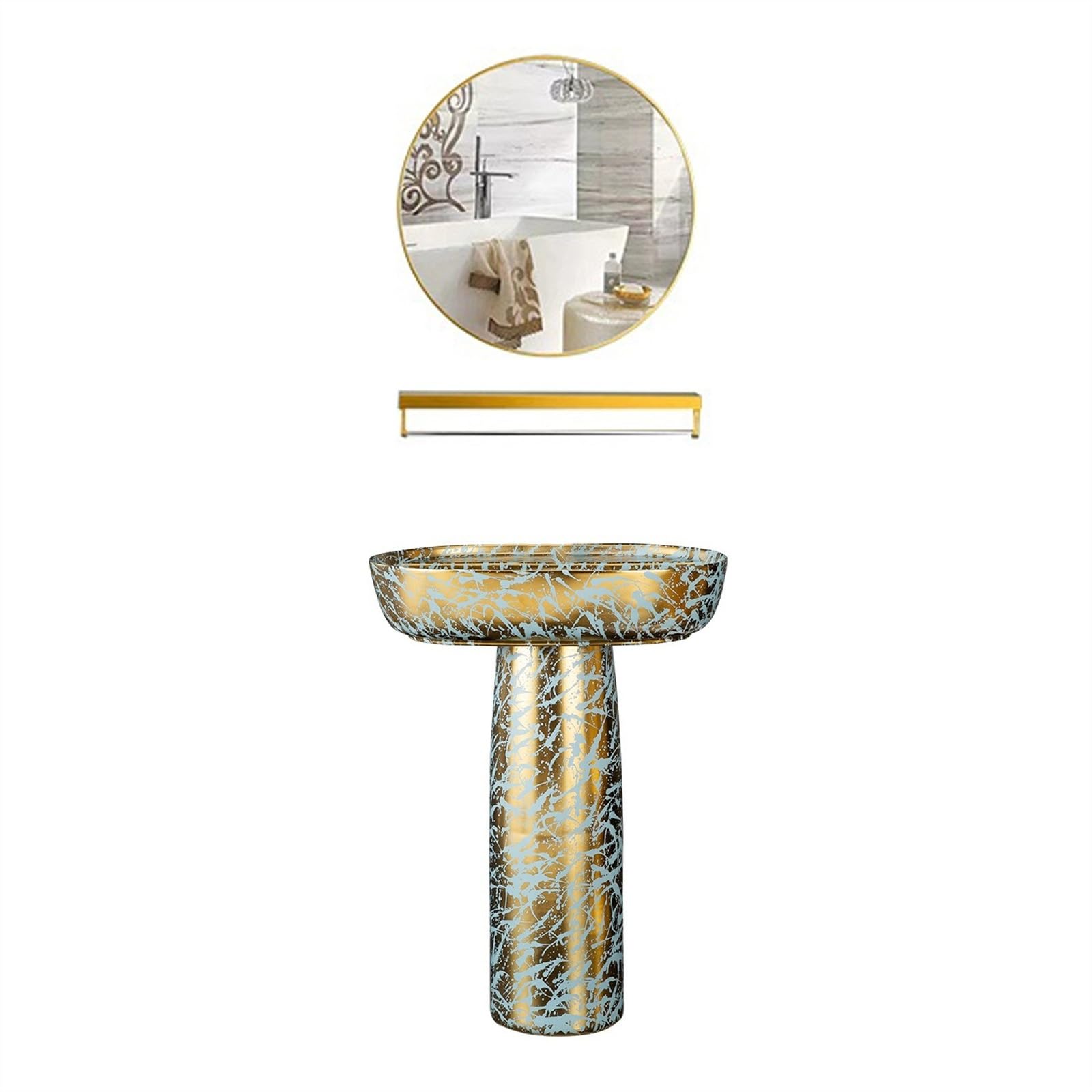 Light Luxury - Lavabo de columna dorada de 2 piezas, combo de lavabo de pie con grifo y drenaje y espejo, lavabo artístico de cerámica, tamaño A, B-One Size
