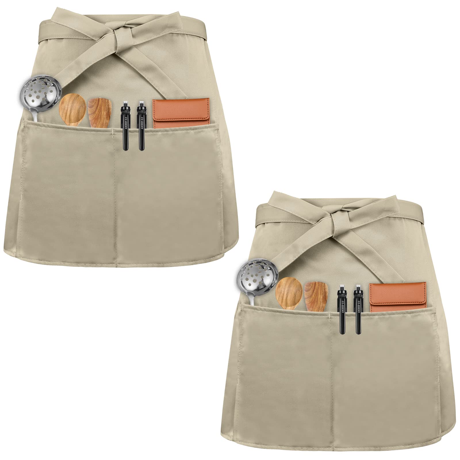 Colexy Unisex Beige Waist Apron Front Ties 2 Pcs Waiter Apron Waist Apron With 3 Pockets Baking Apron Waist Aprons Cooking Apron For Bistro Restaurant Hotel Cafe Chef Waiter Cleaning Painting Gardening (Beige)