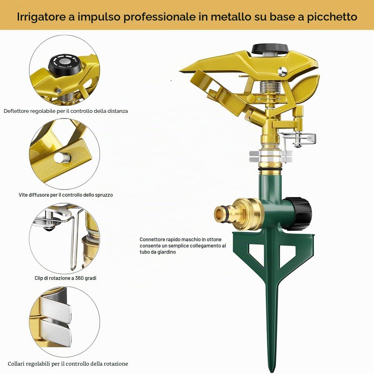 FANHAO Irrigatore a Pulsazione per Impieghi Gravosi, Irrigatore con puntale in Metallo per Irrigare Aree fino a 540 m², Copertura di un'ampia Area a 360 Gradi, Metallo Solido