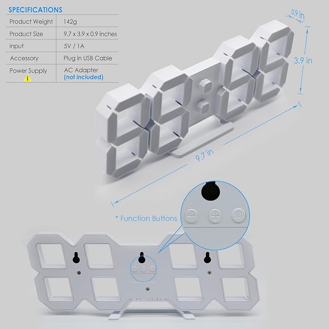 KOSUMOSU Reloj de Pared 3D LED Digital 9.7" con Mando a Distancia miniatura 3