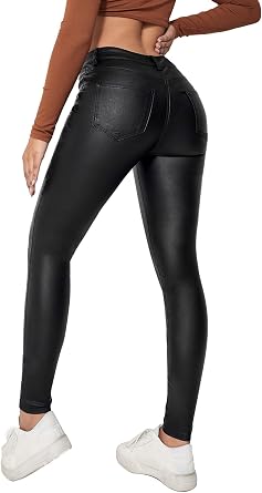 Faux Leather Stretchy Skinny Jeggings Coated Faux Leather Legging Pants Mid Waisted with Pockets
