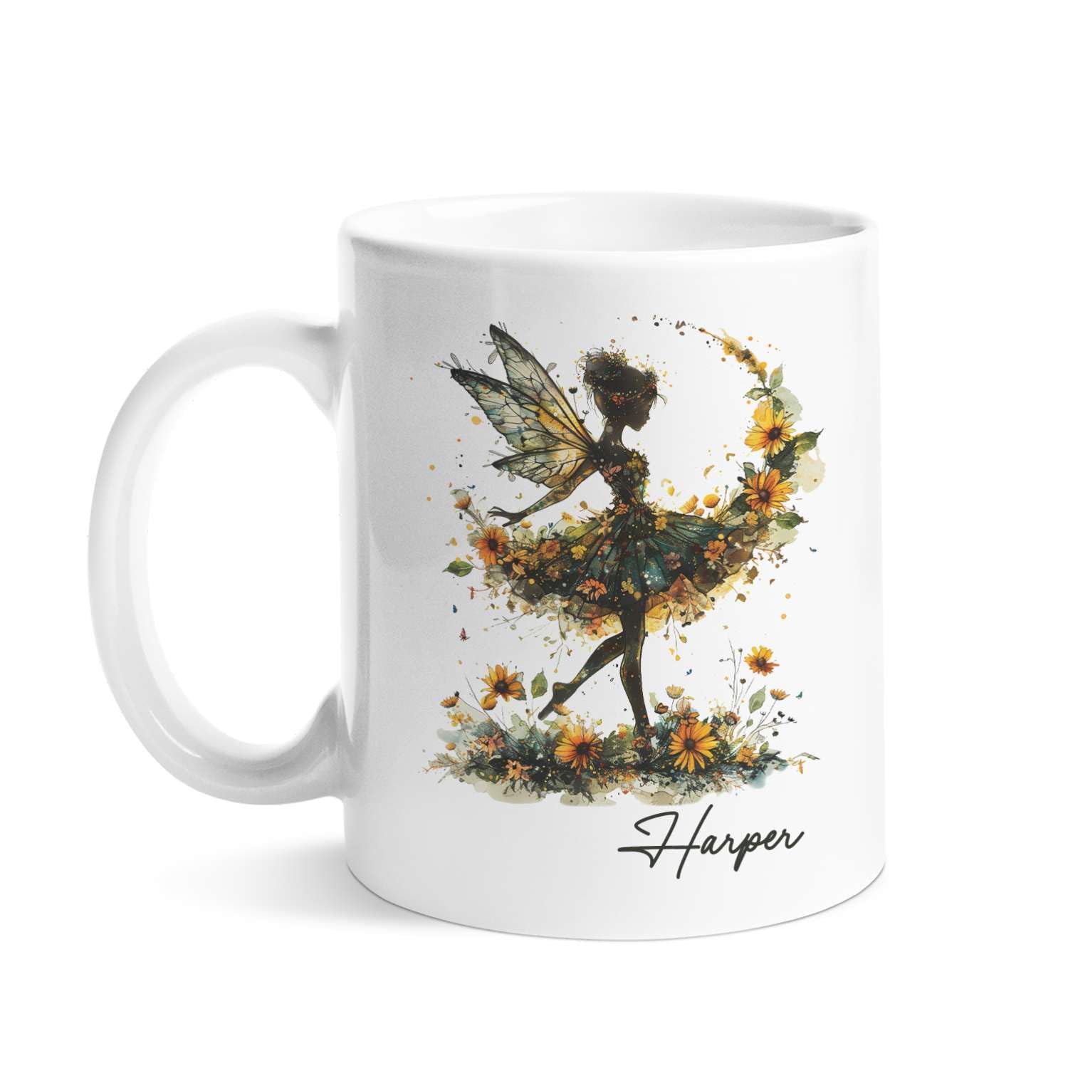 Customized Name Coffee Cup 11oz 15oz, Gift For Daughters, Personalized Fairy In Sunflower Garden Mug, Whimsical Fairy Themed Ceramic Cup, Custom Fairy
