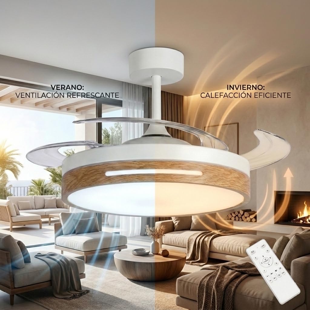 Ventilador de Techo con Luz LED Regulable 60W, Motor DC Silencioso, 3 Temperaturas de Color, 6 Velocidades, Mando a Distancia, Función Verano/Invierno, Modo Noche, 106 cm (Madera Natural)