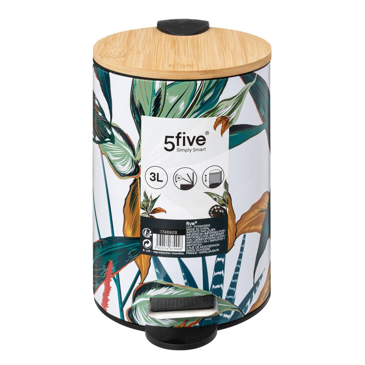 5five - Pattumiera a pedale Palawan 3L - Motivo tropicale in metallo, coperchio in bambù, chiusura ammortizzata - Per bagno e toilette