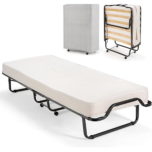 GOFLAME Folding Bed with Memory Foam Mattress, Portable Rollaway Guest Bed with Heavy-Duty Steel Frame & Rolling Casters, Sleeper Bed Cot Size for Adults & Kids, Dustproof Cover Included