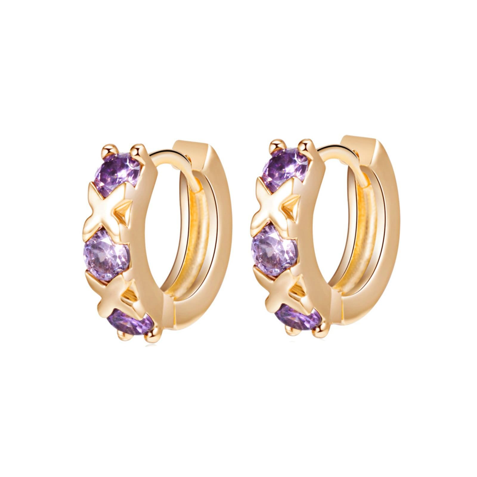 KnSam Pendientes vintage de oro 750 de 18 quilates, pendientes de aro de cruz con amatista lila, para mujer, pequeños pendientes de oro amarillo Au750, oro