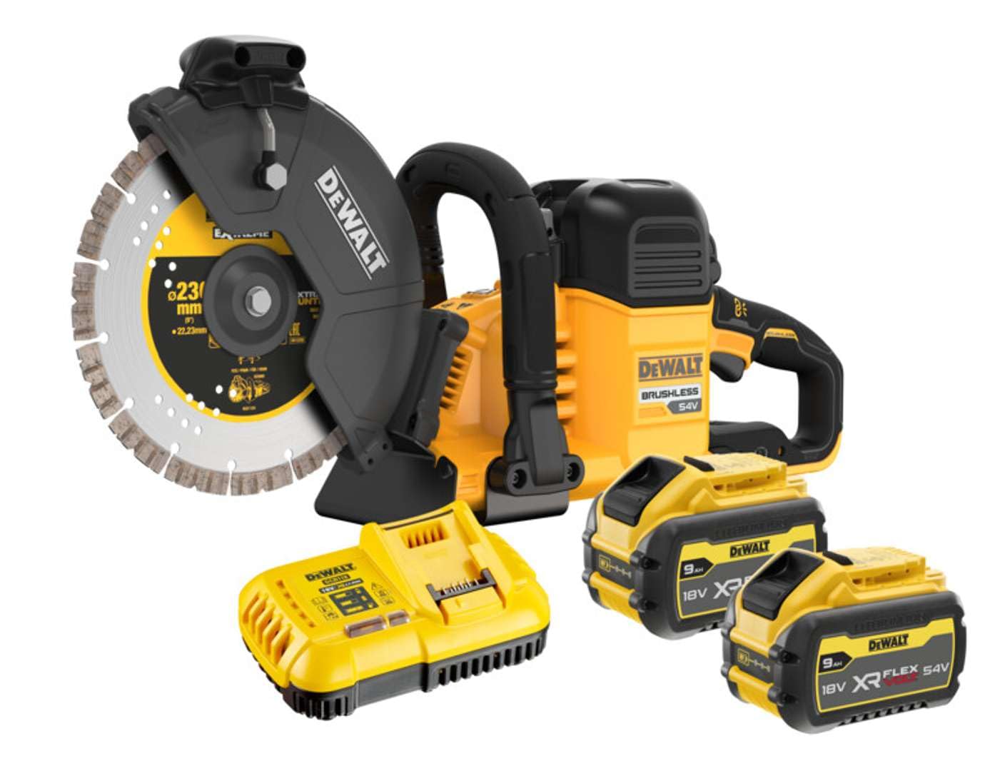 Cortadora de hormigón sin escobillas XR FLEXVOLT 54V Ø230mm con 2 baterías 54V/18V Li-Ion 9Ah