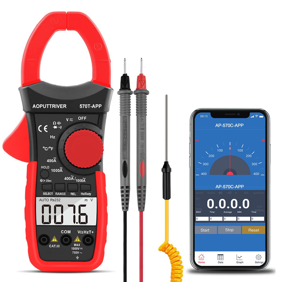 Digitale Pinza Amperometrica, AP-570T-APP Amperometrica Bluetooth Multimetro con Spegnimento Automatico per AC&DC Amperaggio Corrente Tensione Resistenza Temperatura con Continuità Retroilluminata