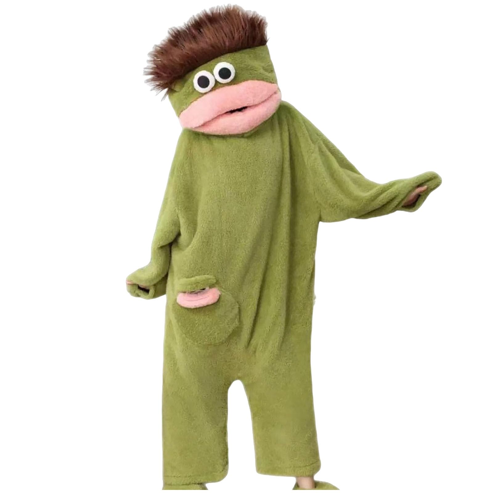 Silly Onesie Boys Girls Jumpsuit Unisex Ultra Soft Plush Hooded One Piece Overall Green Funny Monster Jumpsuits Silly Big Mouth Monster Jumpsuit for Movie Nights, Family Fun and Cozy Relaxing