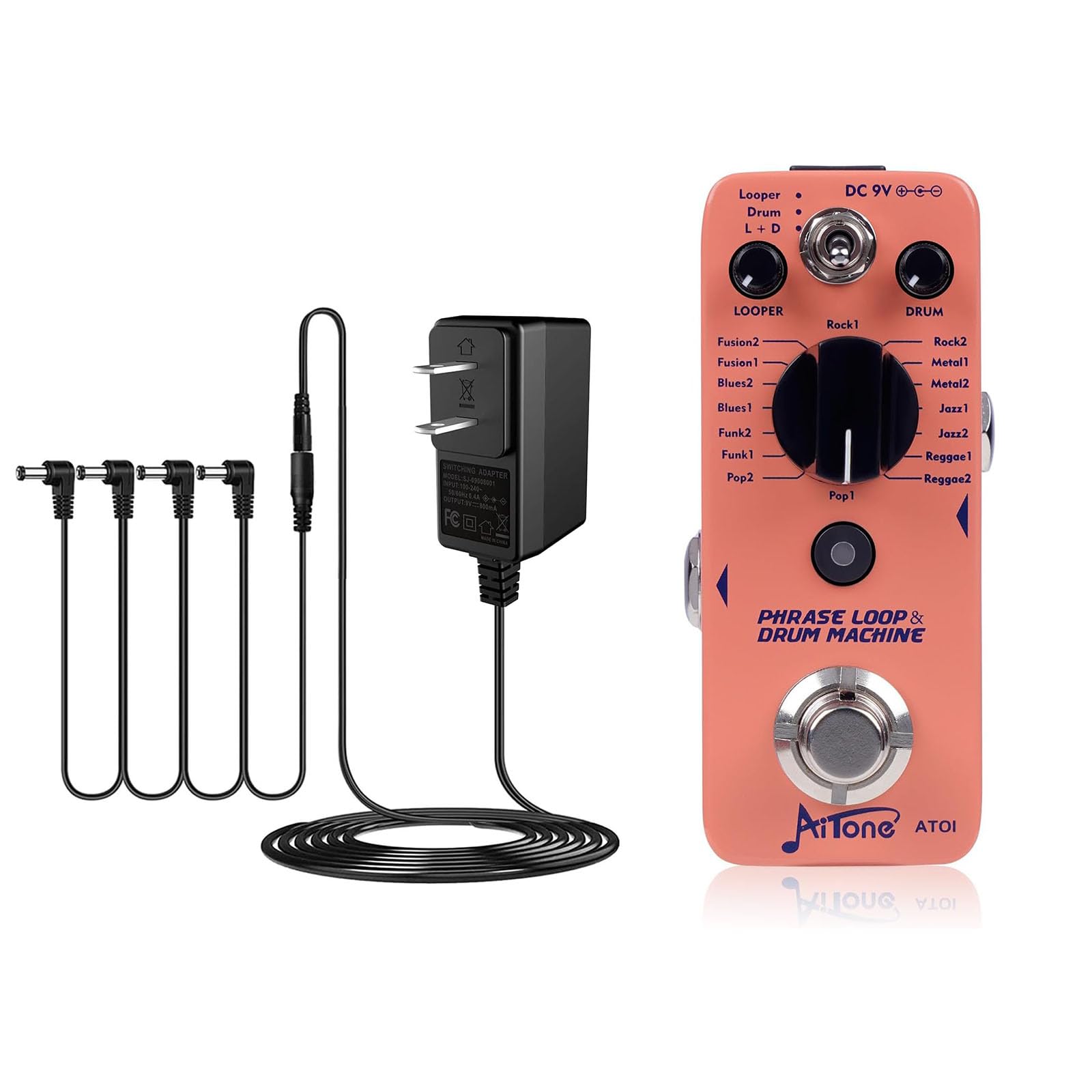 AITONE Phrase Loop & Drum Machine (AT-01) and DC 9V Power Supply (800mA -1A) Adapter