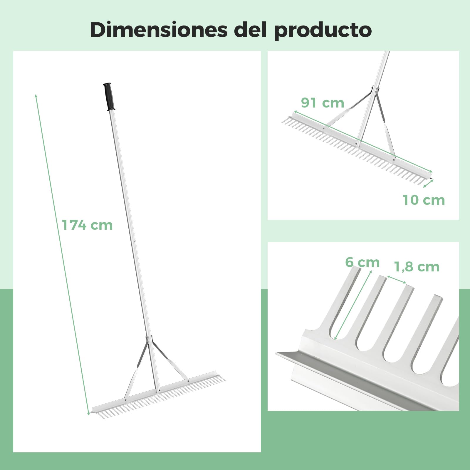 COSTWAY Rastrillo de Jardin, Rastrillo Jardin con Mango de 174 cm, 36 Púas, Rastrillo De Aluminio Cuidado del Césped, Jardín, Lago, Estanque, Playa