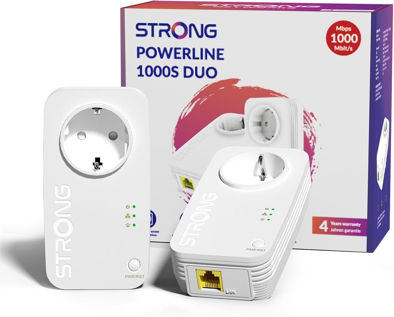 STRONG AV1000 Mbit/s zestaw adapterów Powerline z gniazdkiem, HomePlug AV2 Powerline Ethernet, porty Gigabit LAN, Plug & Play, tryb oszczędzania energii, idealny do strumieniowego przesyłania