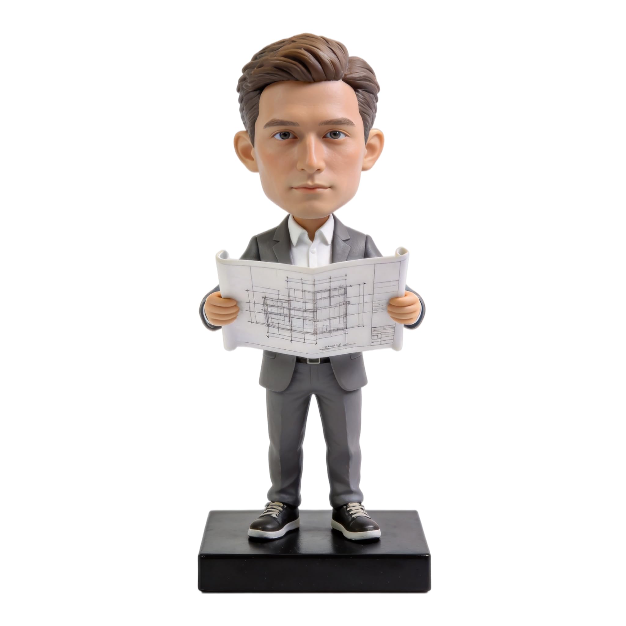 Individuelle Architekt Wackelkopf, personalisierte 3D-Figur aus Foto, handgefertigte Polymer-Ton-Ganzkörper-Figur mit architektonischem Blaudruck, Geburtstag, Ruhestand, Schreibtisch, Dekoration