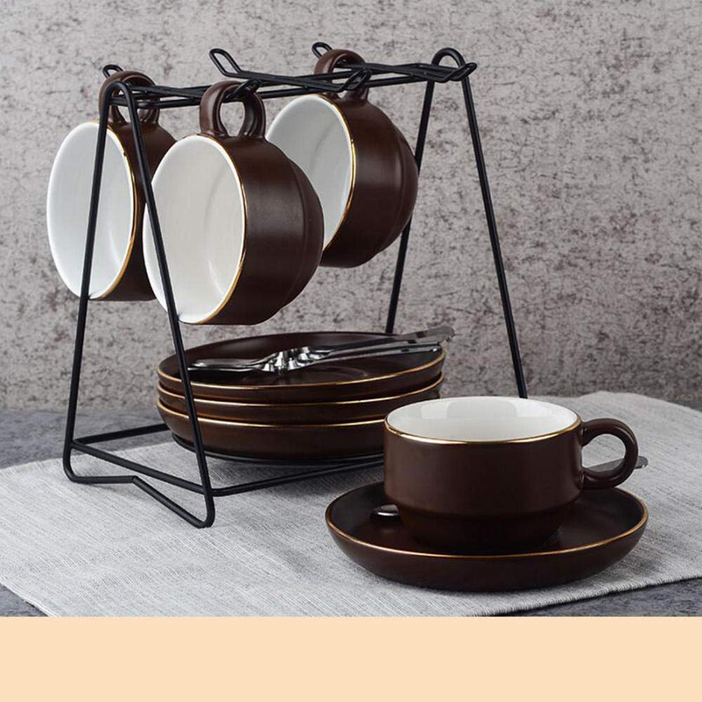 4 piece set Continental solid color espresso cup set ceramic tea set suit coffee cup set 145ml@Brown gold
