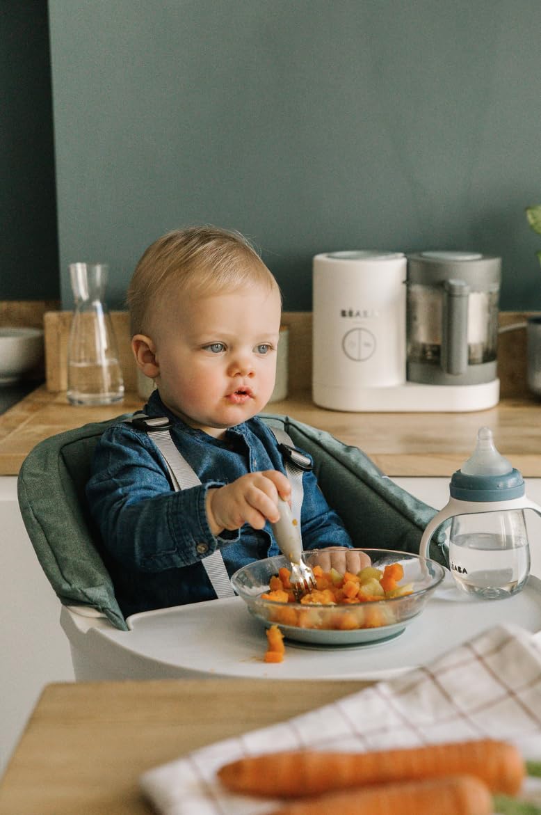BÉABA Babycook Neo, Robot de cocina infantil, tritura, cocina y cuece al vapor, Rápido en 15 minutos, Recipiente de vidrio y cesta de acero inoxidable, Para Bebés y Niños, Gris/Blanco