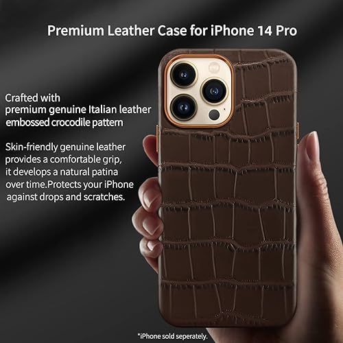 Miniatura 2 de Docco Jette Funda de piel compatible con iPhone 14 Pro, piel de vaca genuina, patrón de cocodrilo en relieve para iPhone 14 Pro, imanes integrados